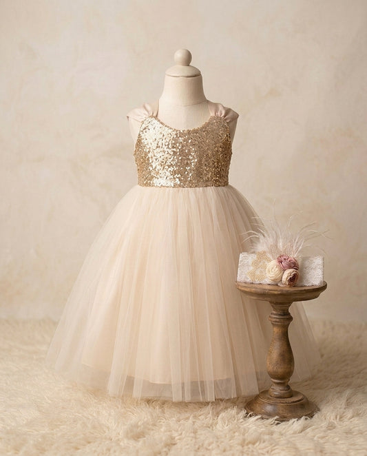 Gold Princess Flower Girl Dress with Rose Headband