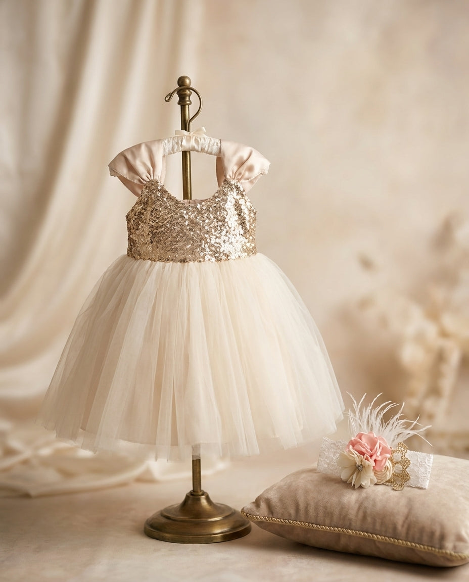 Gold Sequin Flower Girl Dress with Peach and Ivory Headband