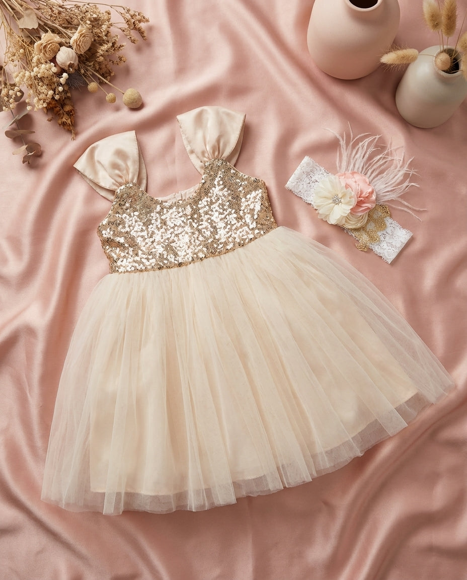 Gold Sequin Flower Girl Dress with Peach and Ivory Headband