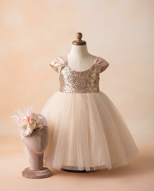 Gold Sequin Flower Girl Dress with Peach and Ivory Headband