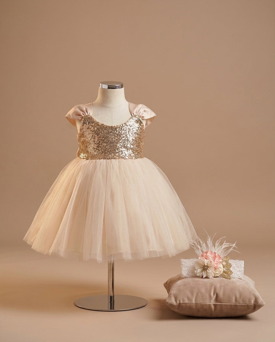 Gold Sequin Flower Girl Dress with Peach and Ivory Headband