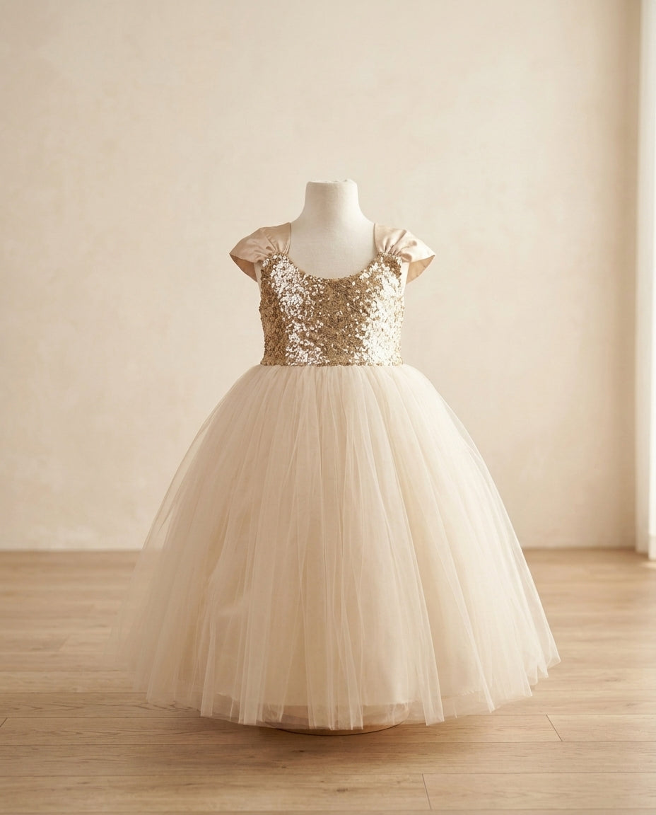 Gold and Vintage Ivory Flower Girl Dress
