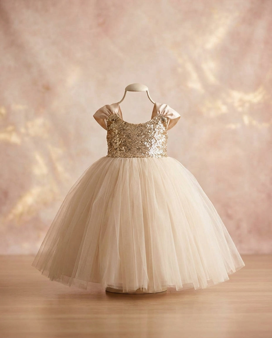 Gold and Vintage Ivory Flower Girl Dress