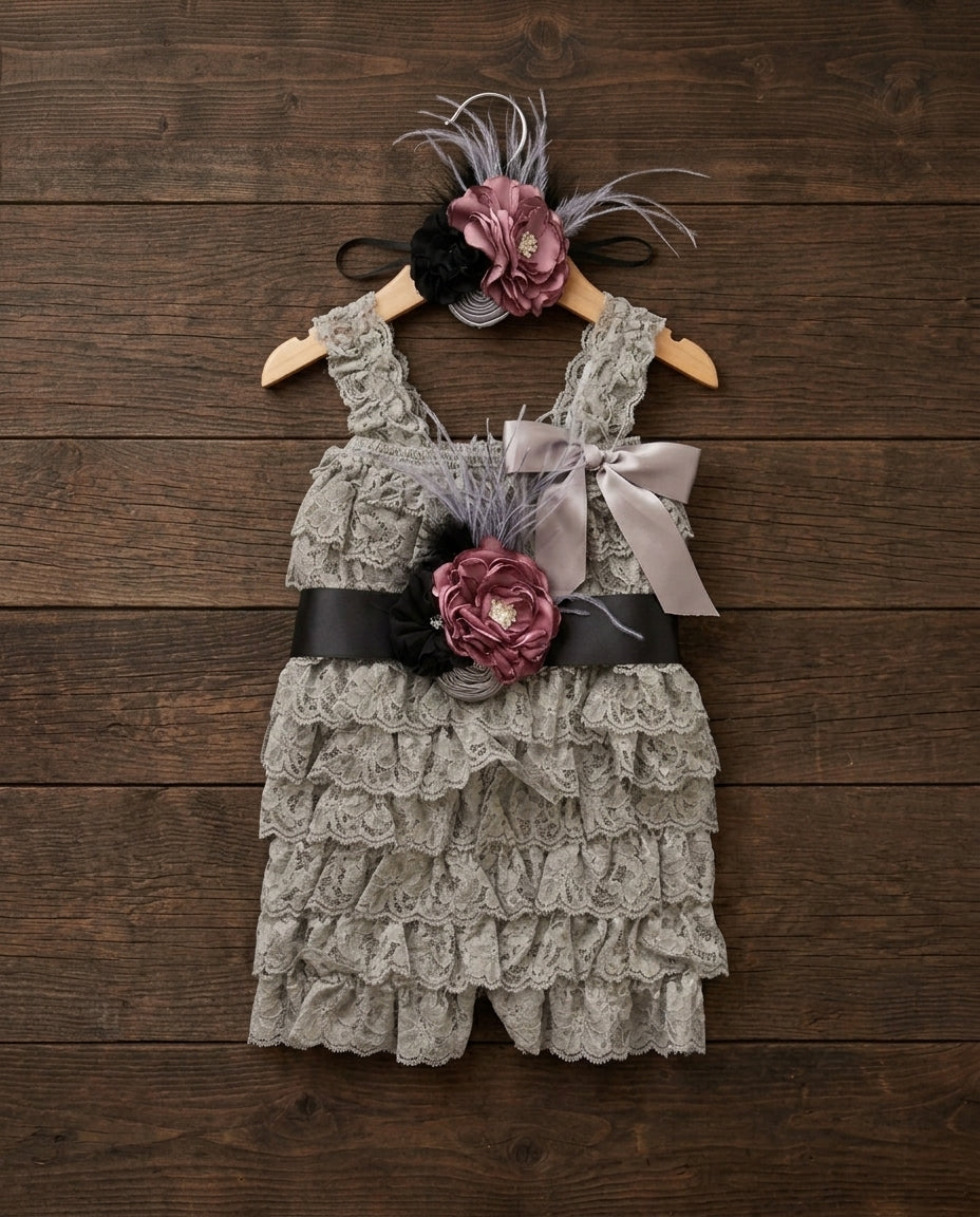 Smoky Gray Baby Lace Romper with Headband & Sash, Black Baby Lace Romper