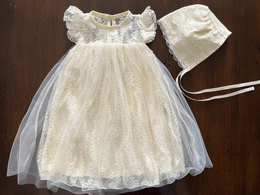Vintage Ivory Lace Baptism Dress with Baptism Lace Bonnet
