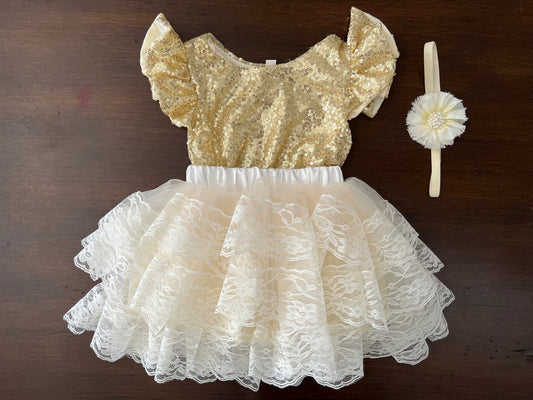 Gold Sequins Baby Ballerina Tutu Party Set and Headband