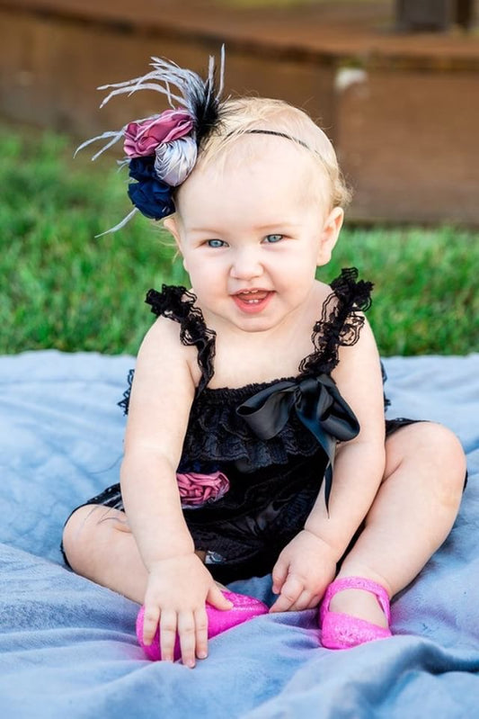 Smoky Gray Baby Lace Romper with Headband & Sash, Black Baby Lace Romper