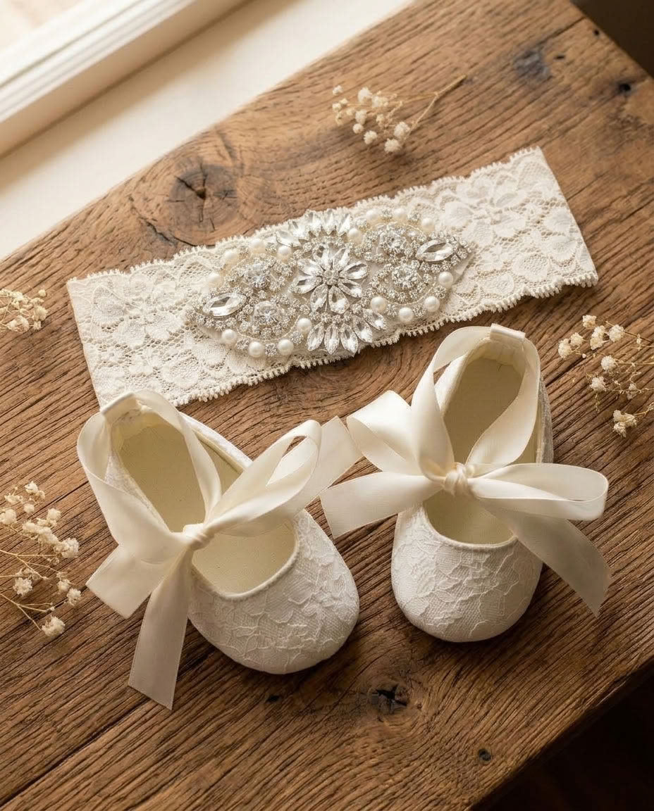 Ivory Baby Girl Christening Lace Shoes and Rhinestone Headband Set