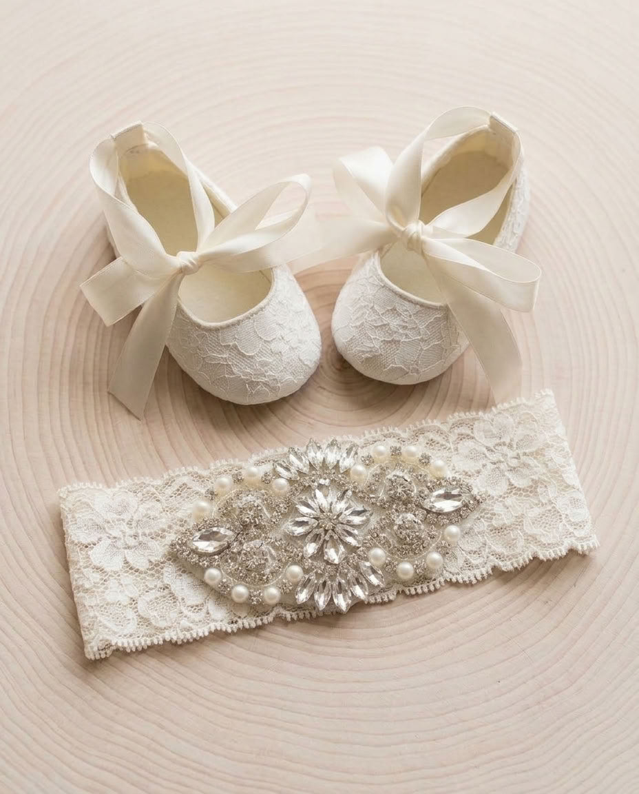 Ivory Baby Girl Christening Lace Shoes and Rhinestone Headband Set