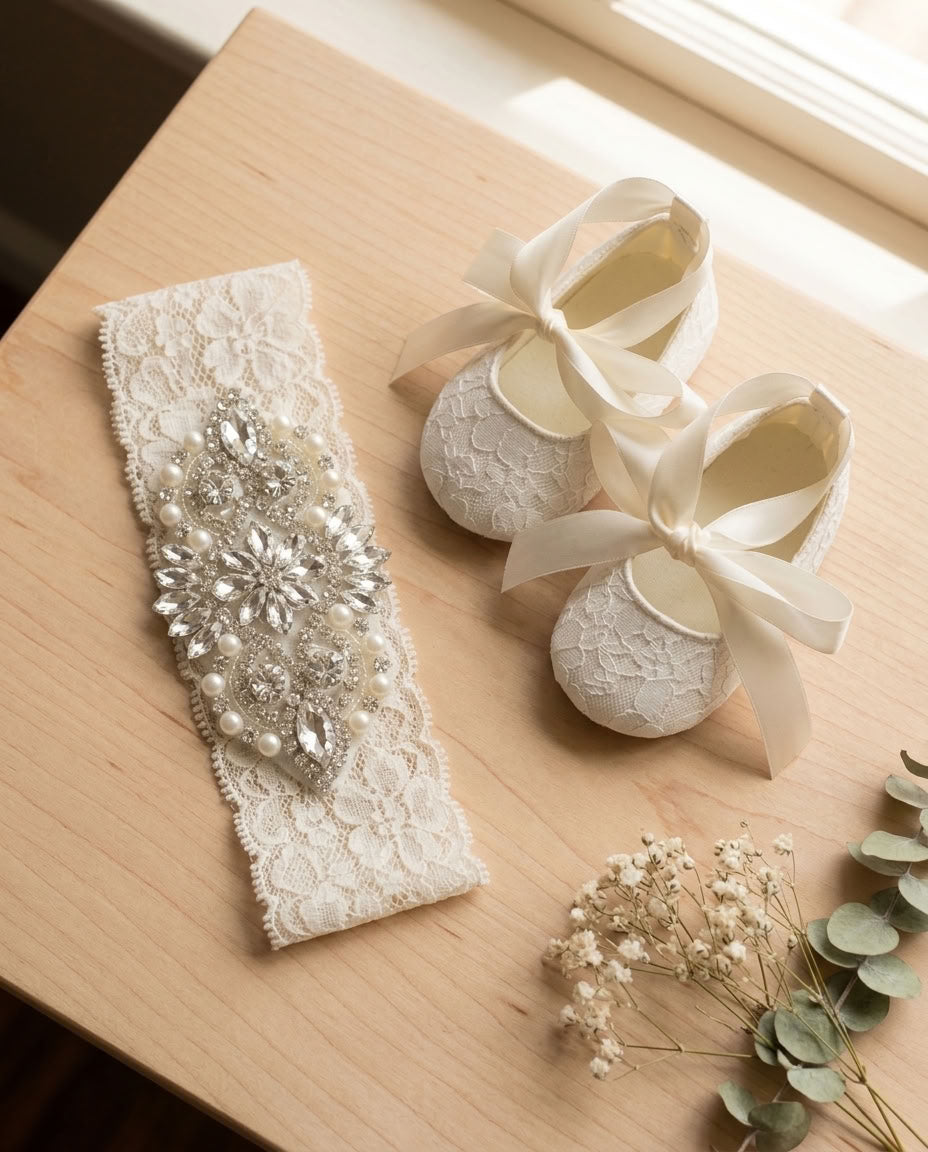 Ivory Baby Girl Christening Lace Shoes and Rhinestone Headband Set