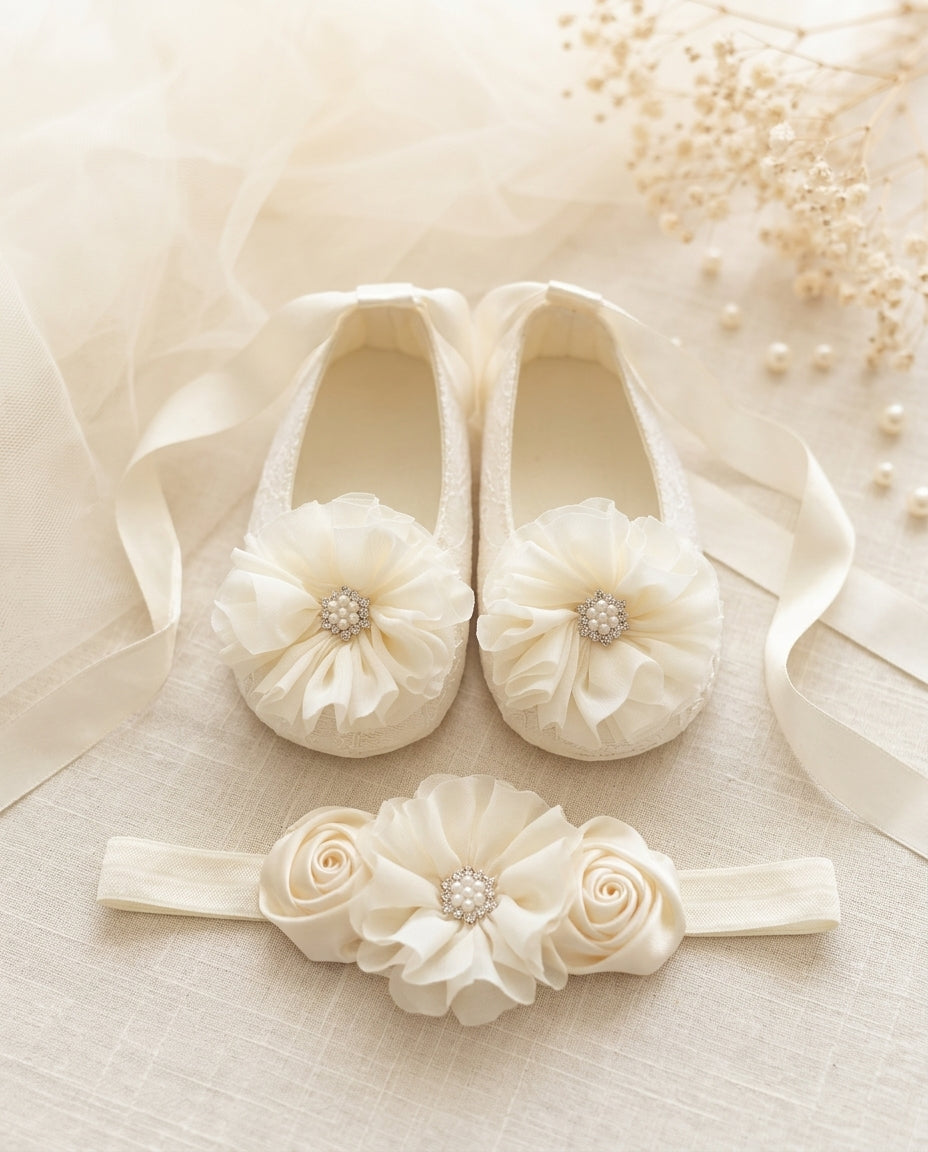 Ivory Baptism Crib Shoes & Headband Set