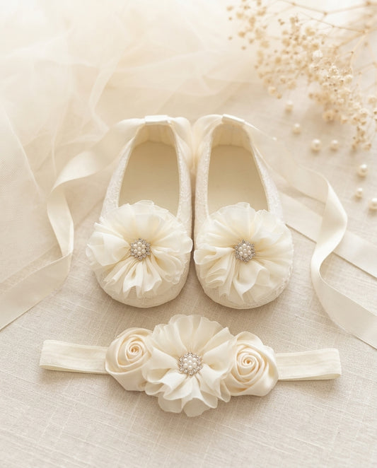 Ivory Baptism Crib Shoes & Headband Set