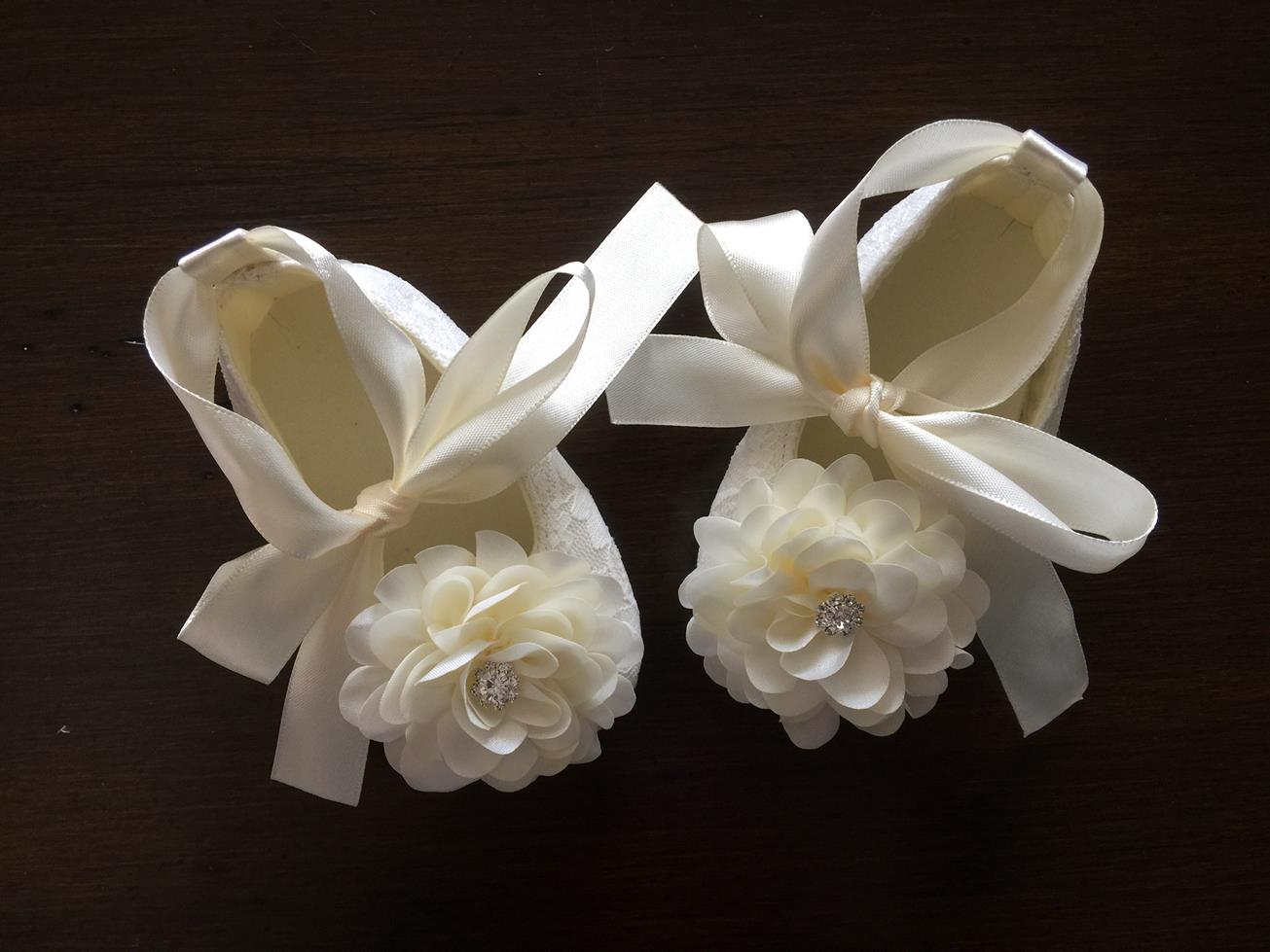 Ivory Baptism Shoes for Baby Girls with Ivory Flowers and Rhinestones