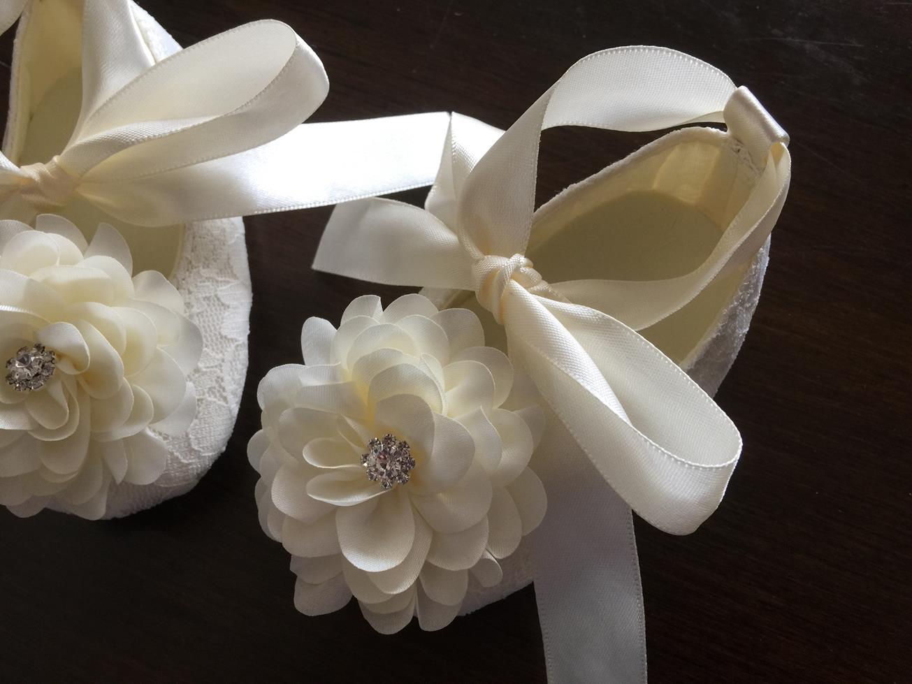 Ivory Baptism Shoes for Baby Girls with Ivory Flowers and Rhinestones