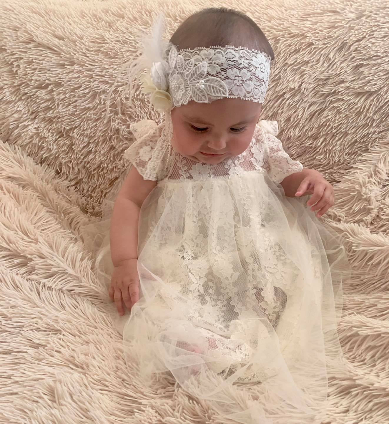 Ivory Lace Christening Dress with Headband and Sash