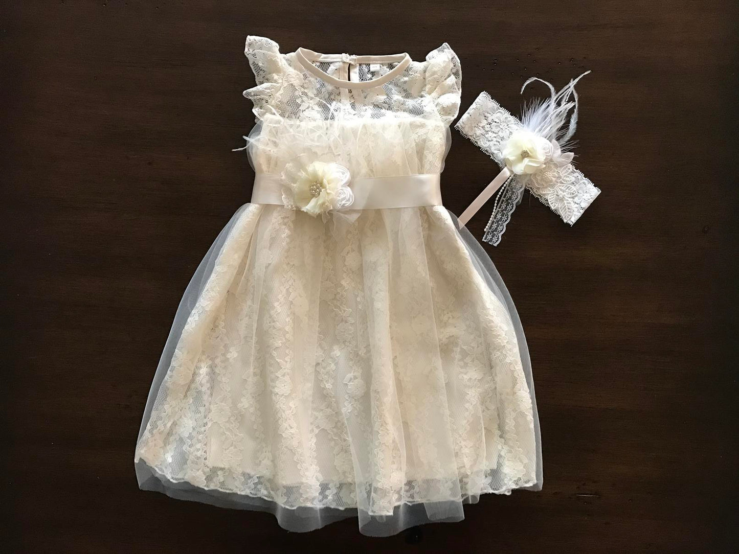 Ivory Lace Christening Dress with Headband and Sash