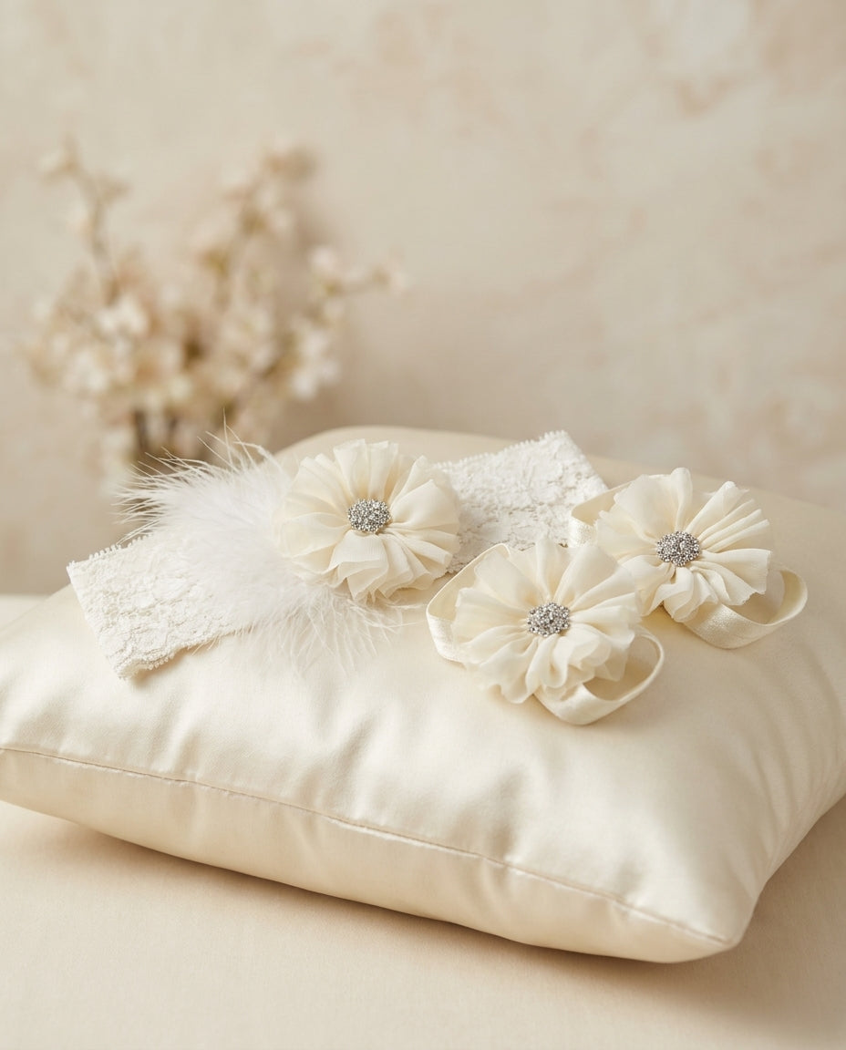 Ivory Baby Baptism Headband and Barefoot Sandals