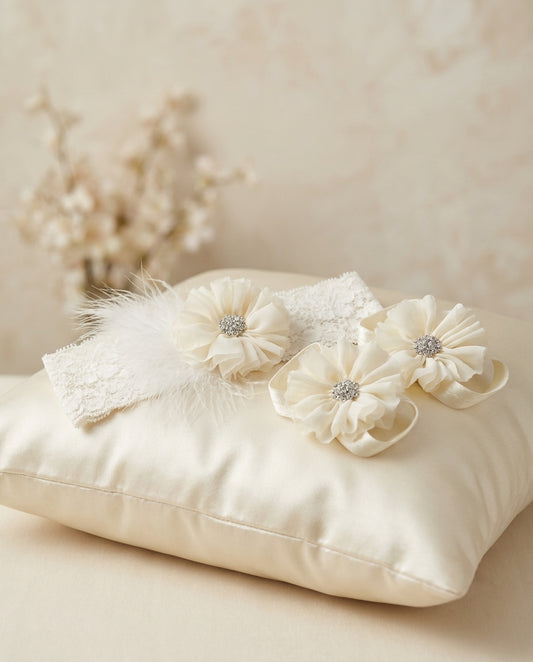 Ivory Baby Baptism Headband and Barefoot Sandals
