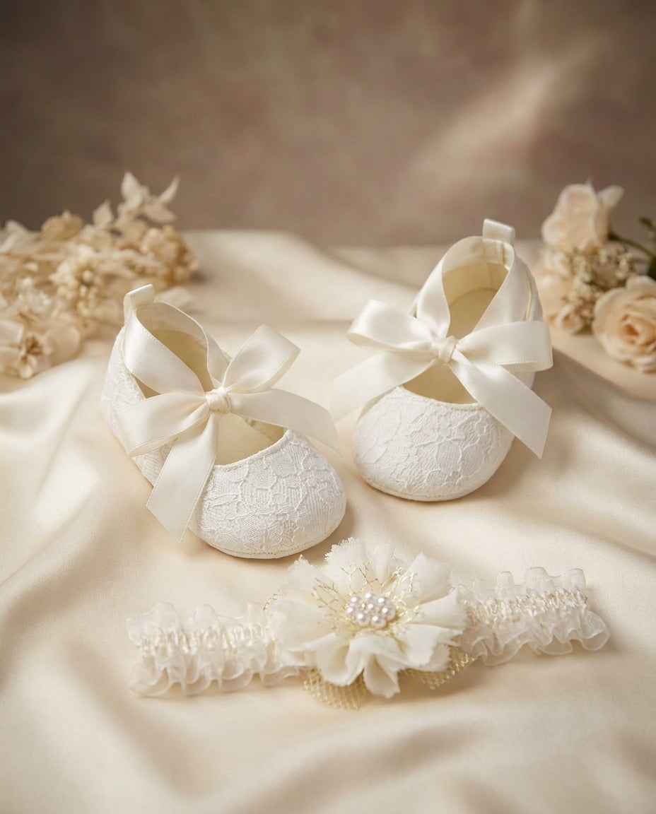 Ivory Baby Girl Baptism Shoes and Headband Set