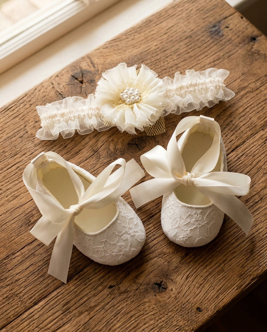 Ivory Baby Girl Baptism Shoes and Headband Set