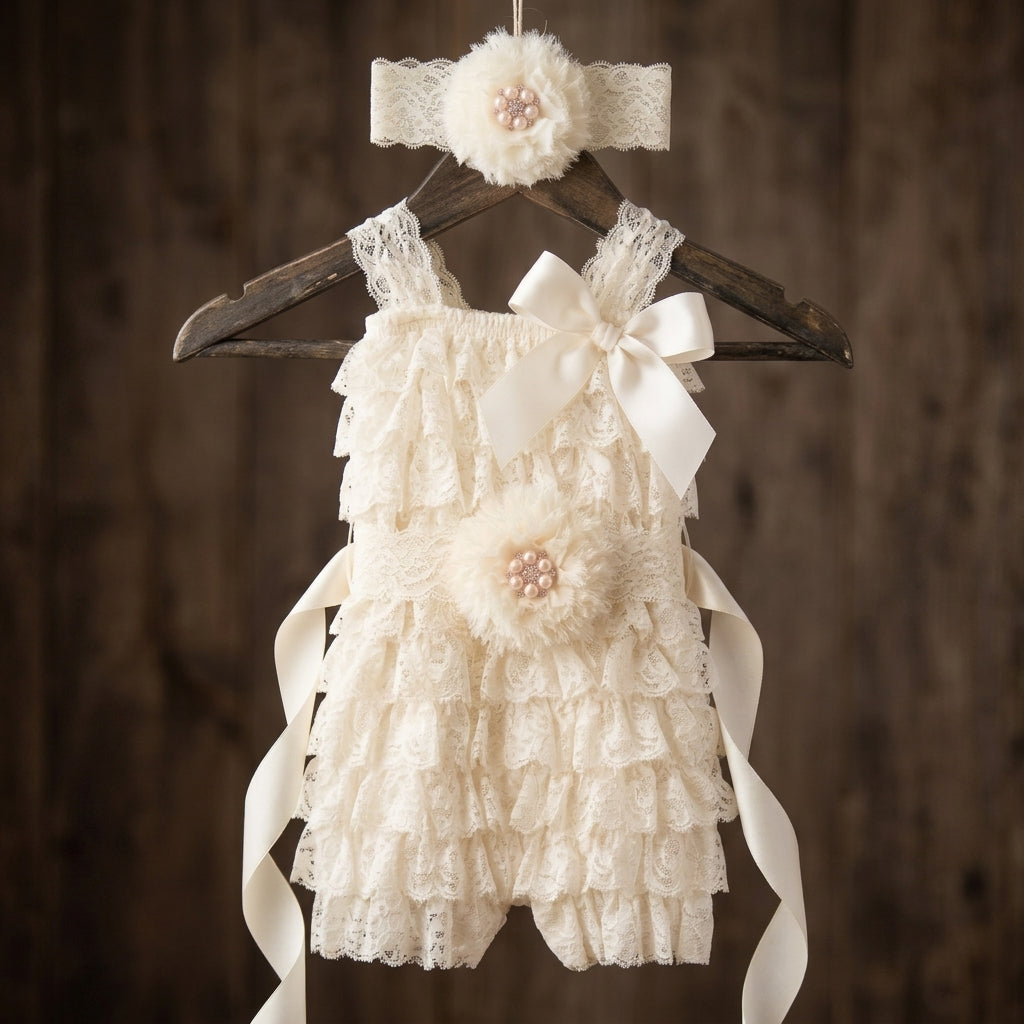 Baby Lace Romper with Ivory Headband and Sash Set