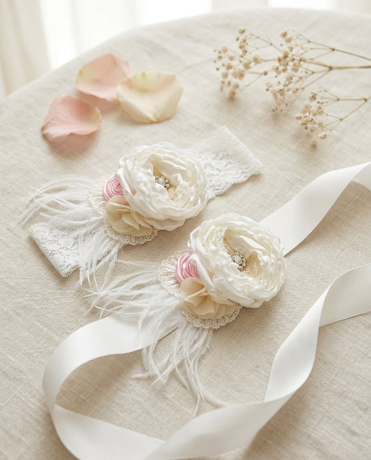 Ivory & Baby Pink Baptism Headband and Sash