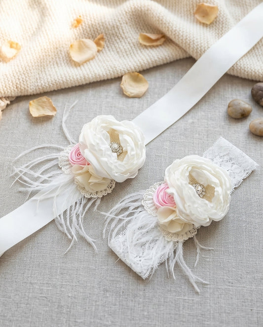 Ivory & Baby Pink Baptism Headband and Sash