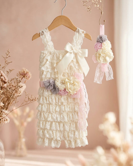 Baby Lace Romper with Ivory Headband & Sash