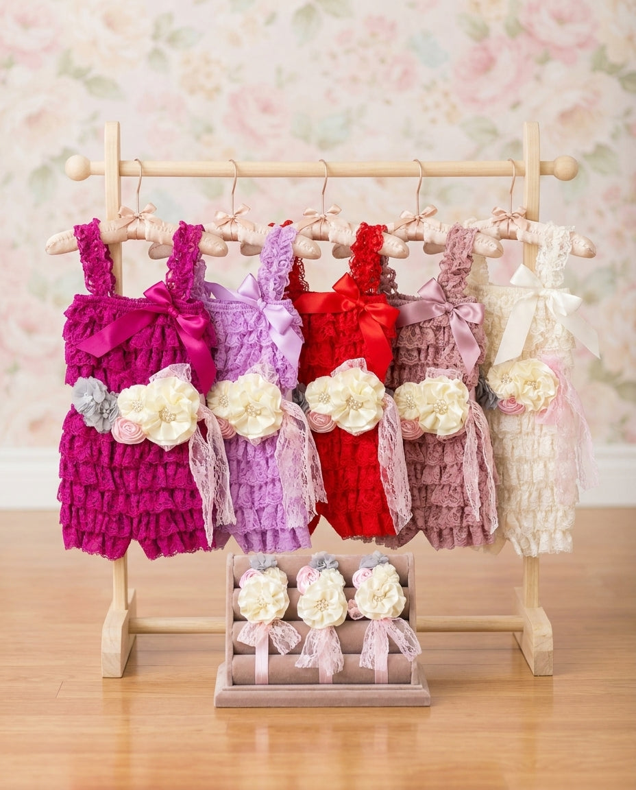 Baby Lace Romper with Ivory Headband & Sash