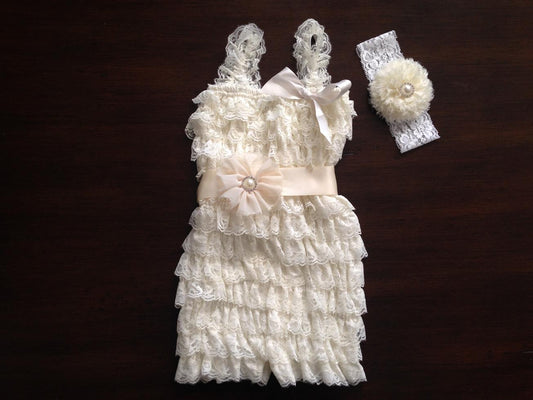 Ivory Baby Romper with Headband & Sash