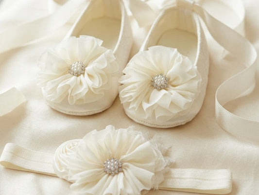 Ivory Baptism Crib Shoes & Headband Set