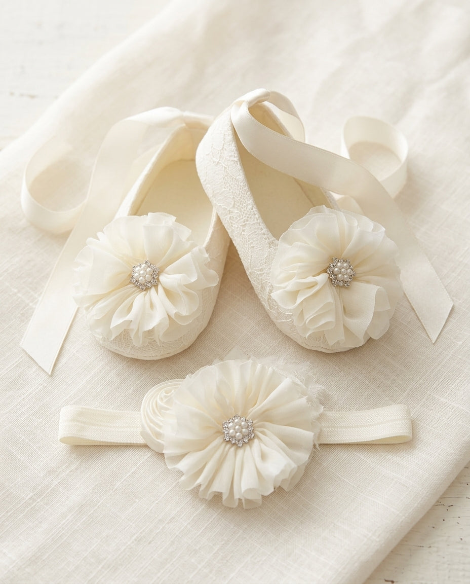 Ivory Baptism Crib Shoes & Headband Set