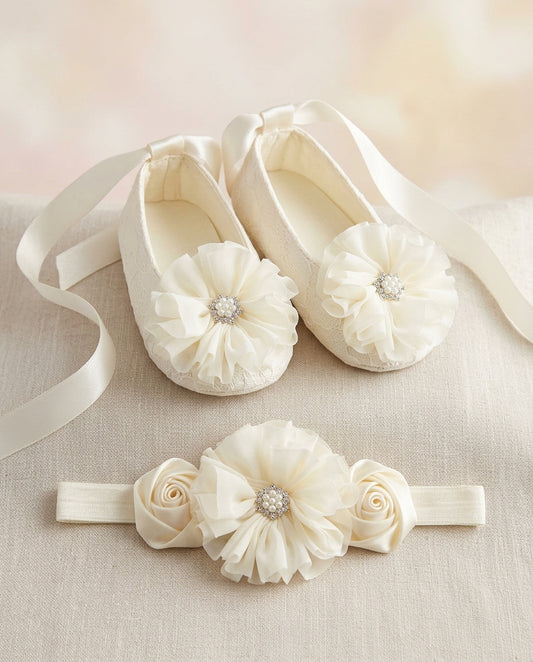 Ivory Baptism Crib Shoes & Headband Set