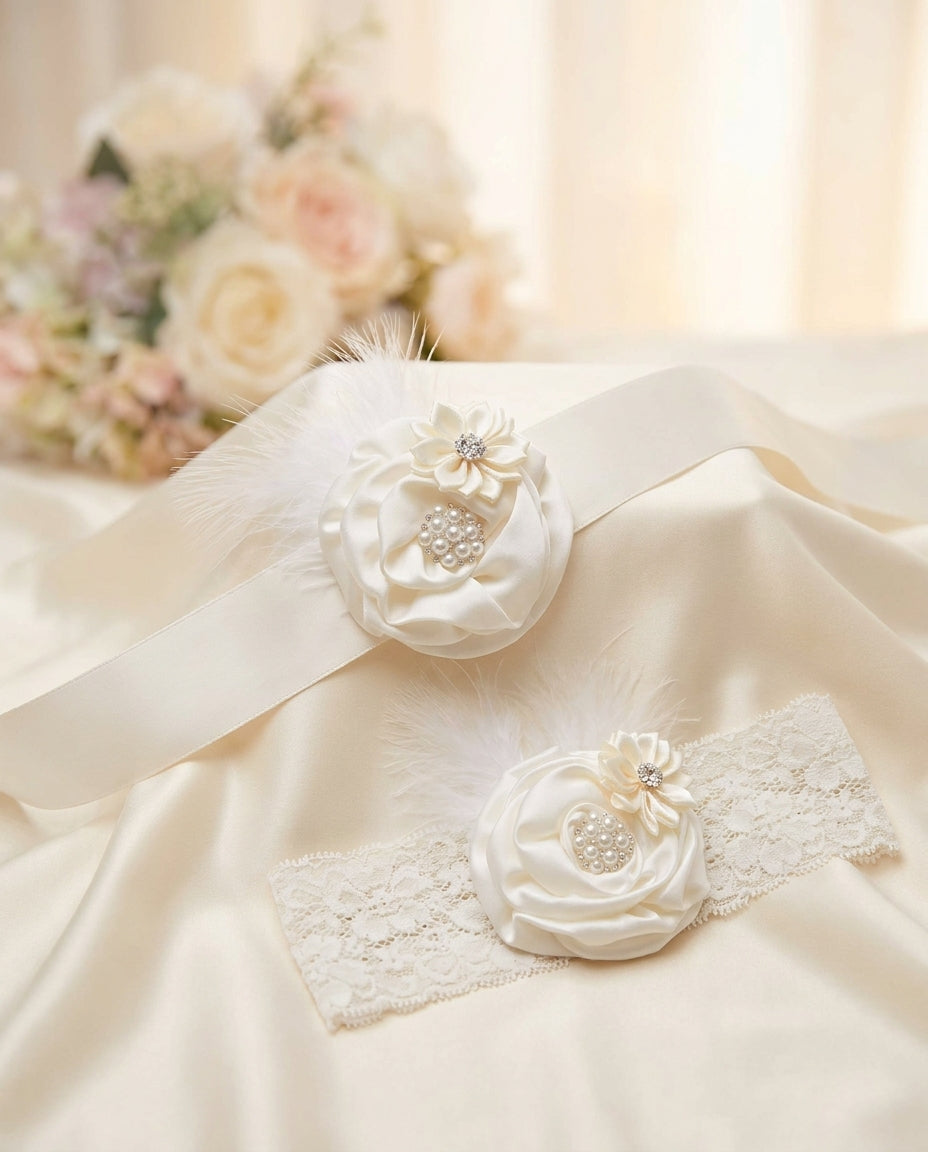 Ivory Baby Baptism Headband, Sash & Barefoot Sandals