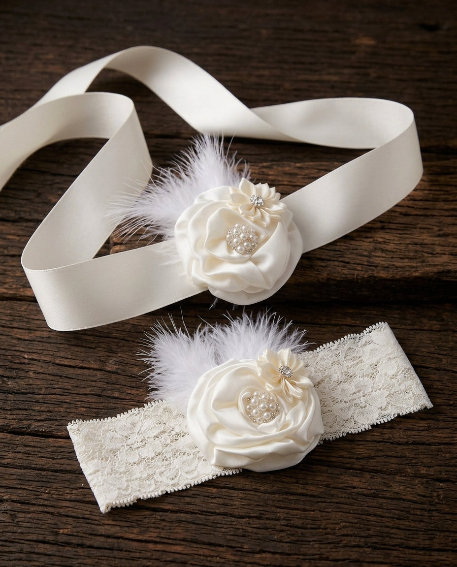 Ivory Baby Baptism Headband, Sash & Barefoot Sandals