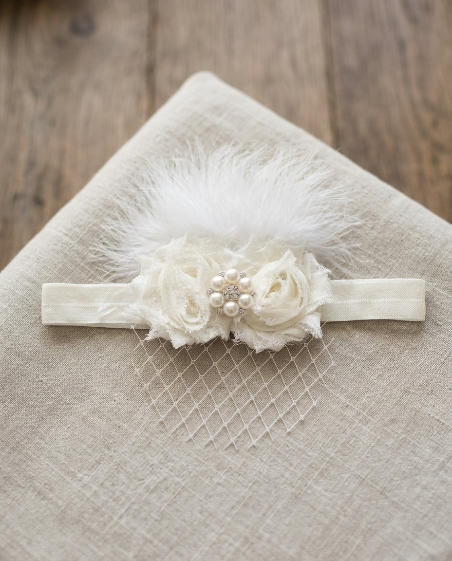 Baby Ivory Baptism Headband with Veil and Barefoot Sandals