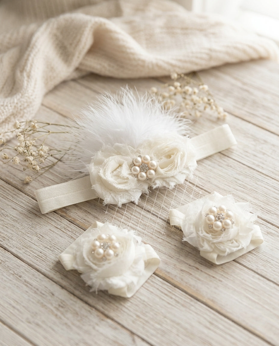 Baby Ivory Baptism Headband with Veil and Barefoot Sandals