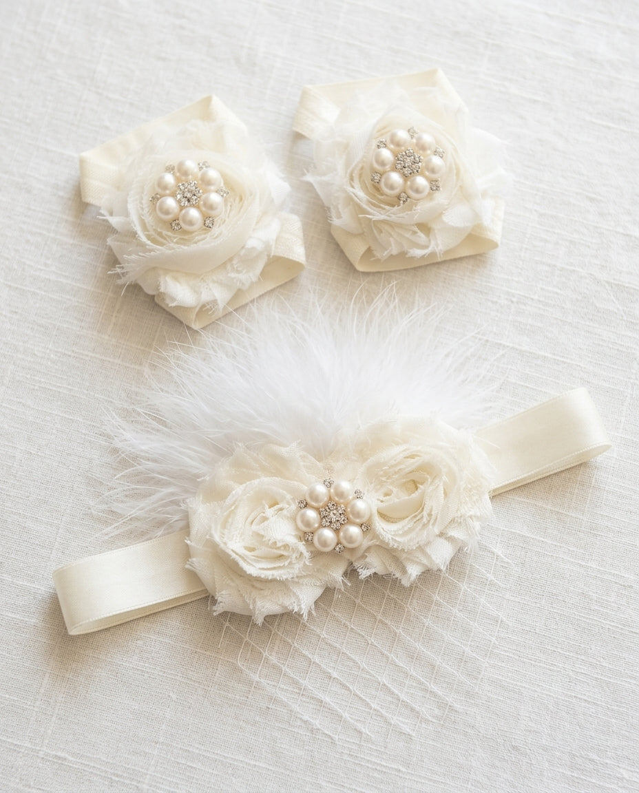 Baby Ivory Baptism Headband with Veil and Barefoot Sandals