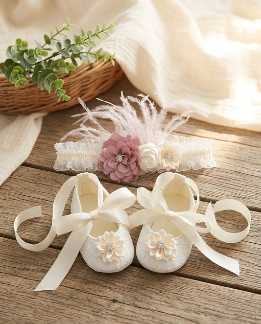 Ivory Baptism Shoes & Dusty Pink Headband Set