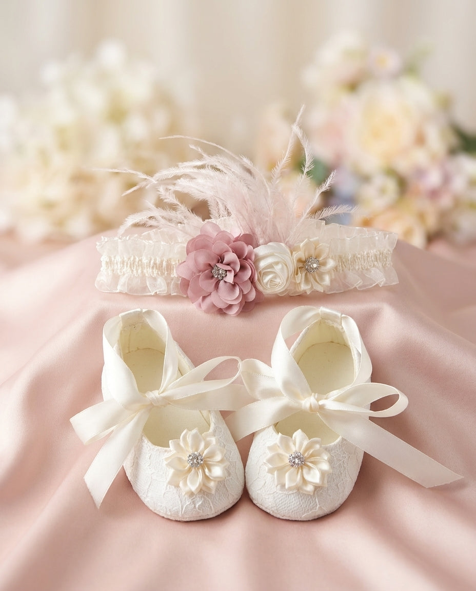 Ivory Baptism Shoes & Dusty Pink Headband Set