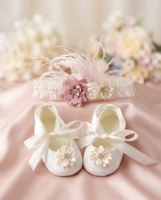 Ivory Baptism Shoes & Dusty Pink Headband Set