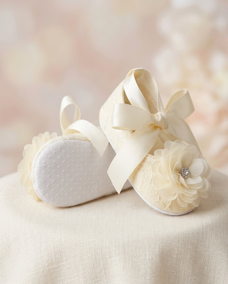 Ivory Baptism Shoes for Baby Girls with Ivory Flowers and Rhinestones