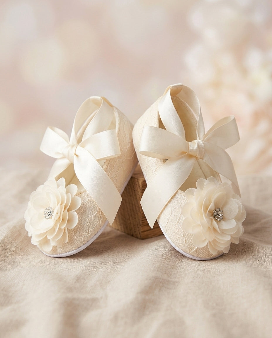 Ivory Baptism Shoes for Baby Girls with Ivory Flowers and Rhinestones