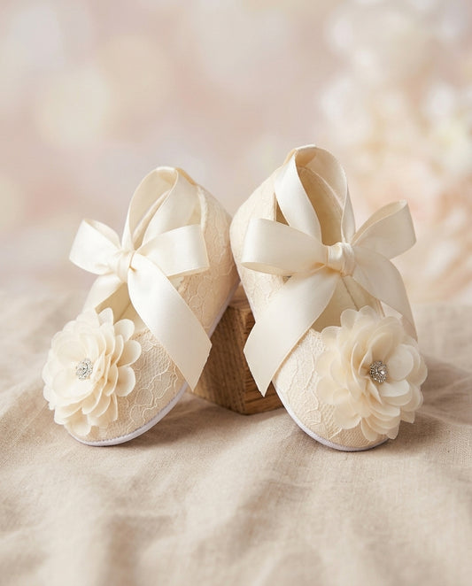 Ivory Baptism Shoes for Baby Girls with Ivory Flowers and Rhinestones