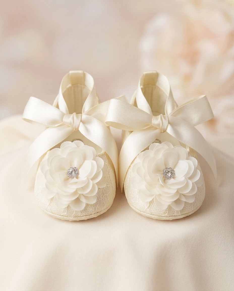 Ivory Baptism Shoes for Baby Girls with Ivory Flowers and Rhinestones