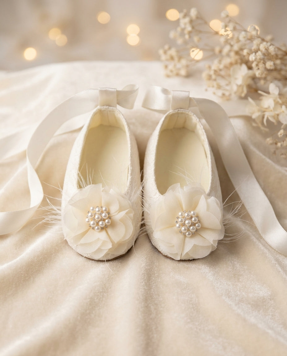 Ivory Baptism Shoes with Flowers, Pearls, & Rhinestones
