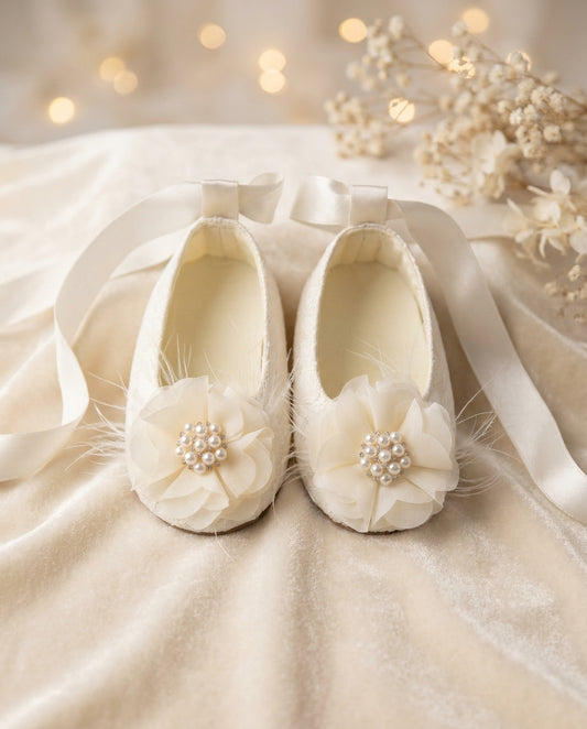 Ivory Baptism Shoes with Flowers, Pearls, & Rhinestones