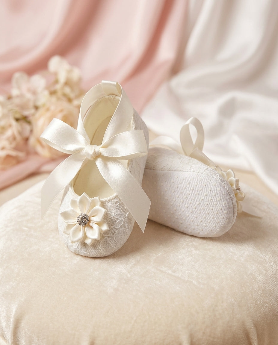 Ivory Baby Baptism Shoes with Flowers and Rhinestones
