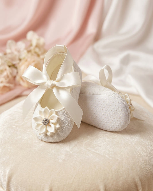 Ivory Baby Baptism Shoes with Flowers and Rhinestones