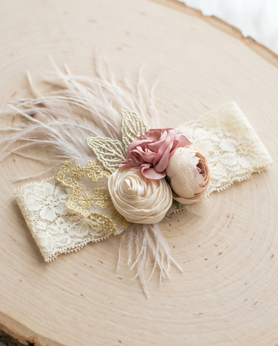 Dusty Rose & French Cream Flower Girl Headband and Sash